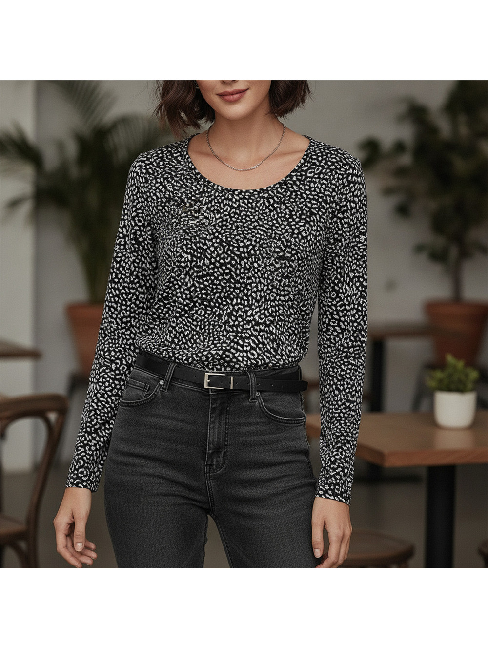 Michael Kors Long-Sleeve Top, Size M, Black & White Animal Print with Sheer Back
